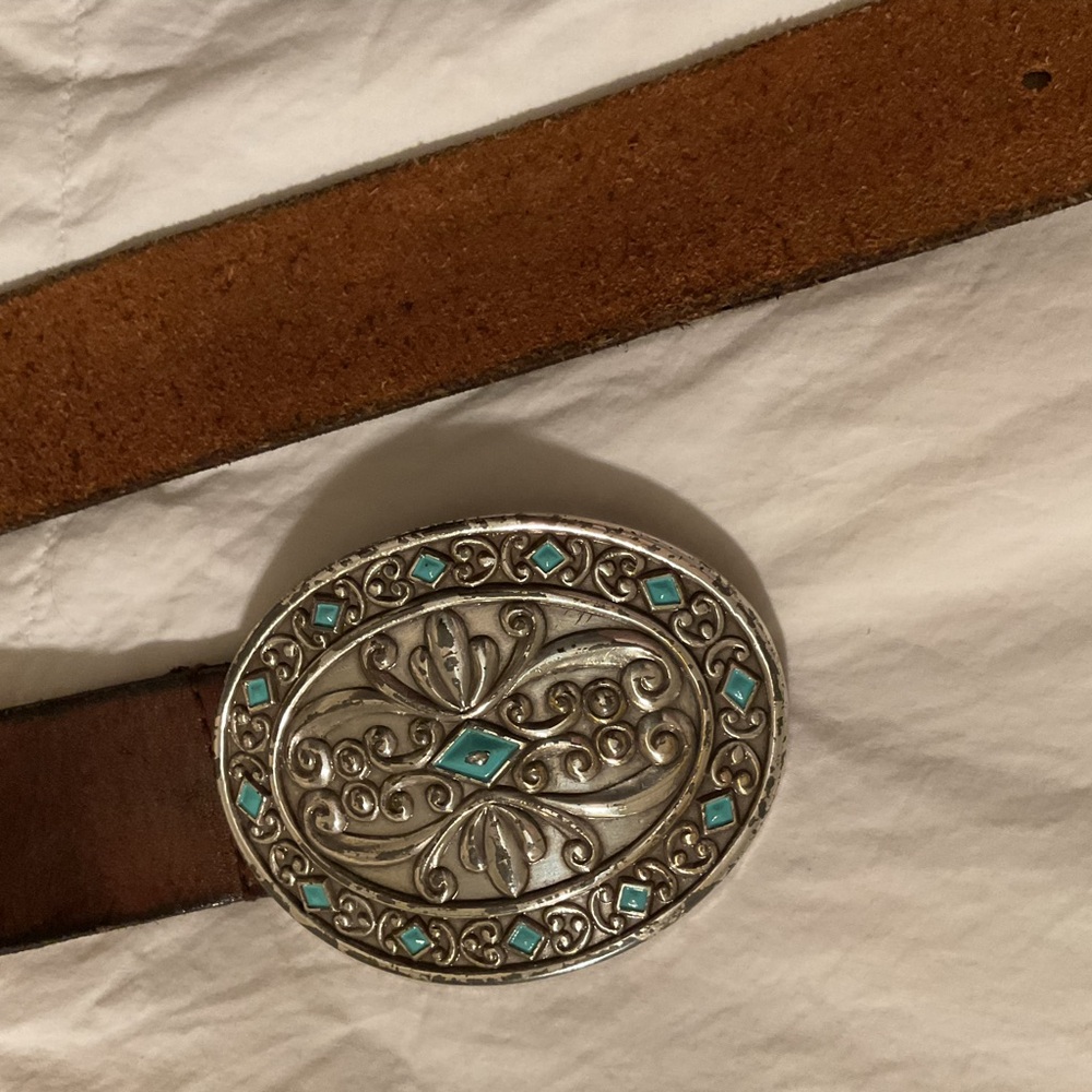 Brown Leather Belt with Silver and Turquoise Buckle